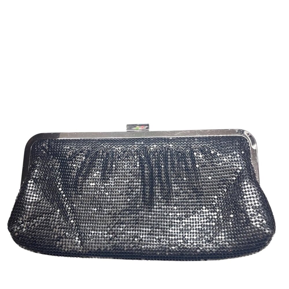 Metallic Mesh Evening Clutch Black Chain Mail Kiss Lock Glam Cocktail Lux Bag